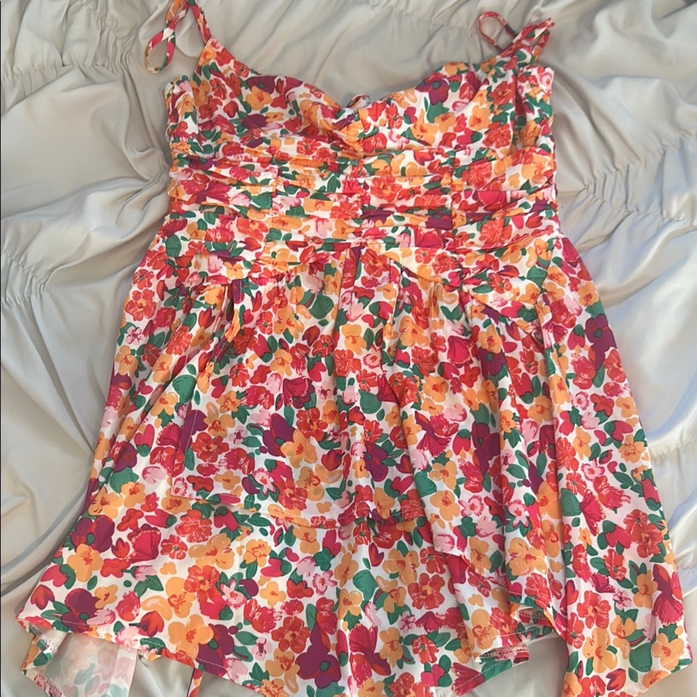 Princess Polly Floral Mini Dress - Red, Orange, Yellow, Green